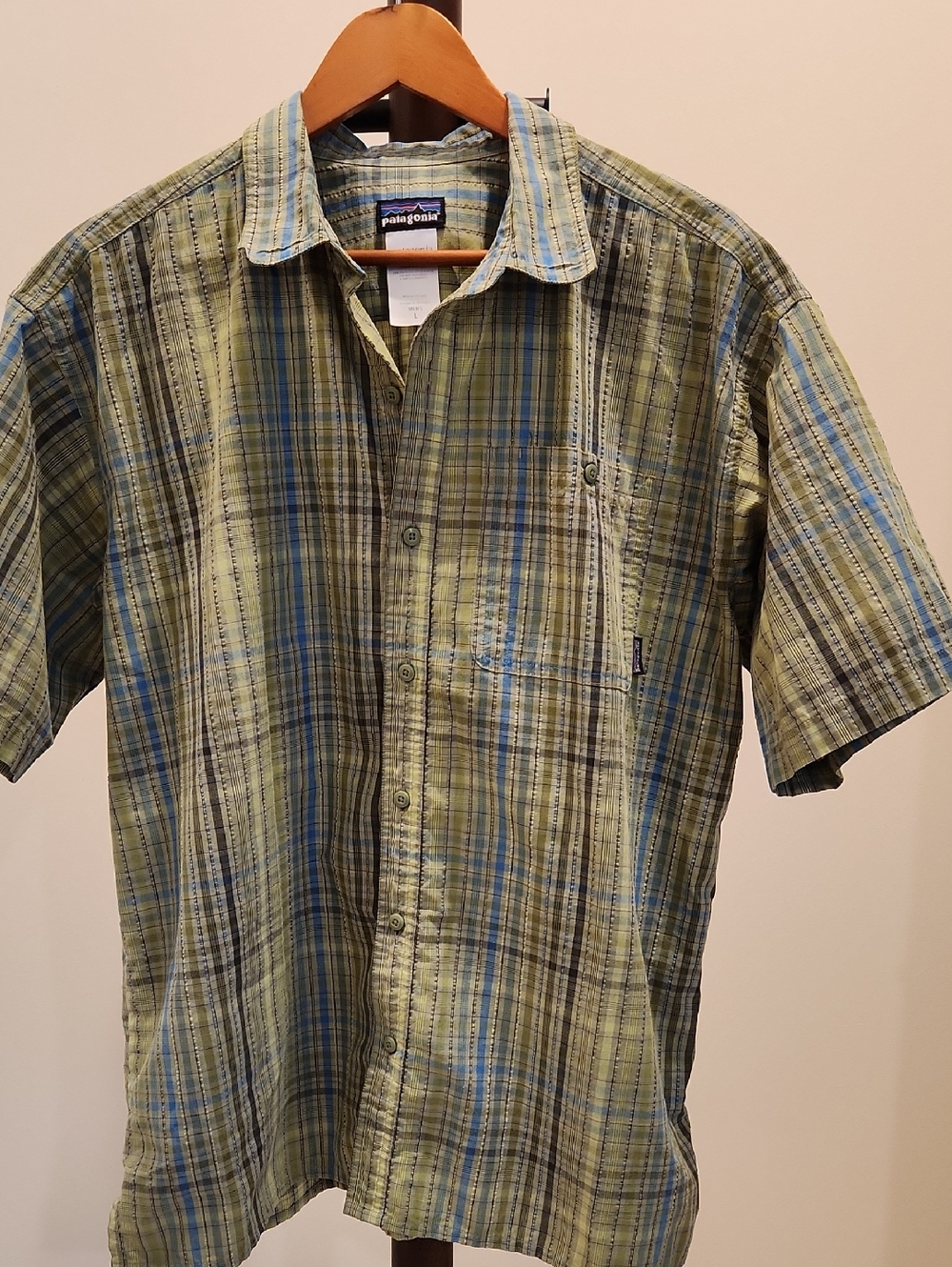 Patagonia Short-Sleeve Plaid Button-Down in Green and Blue